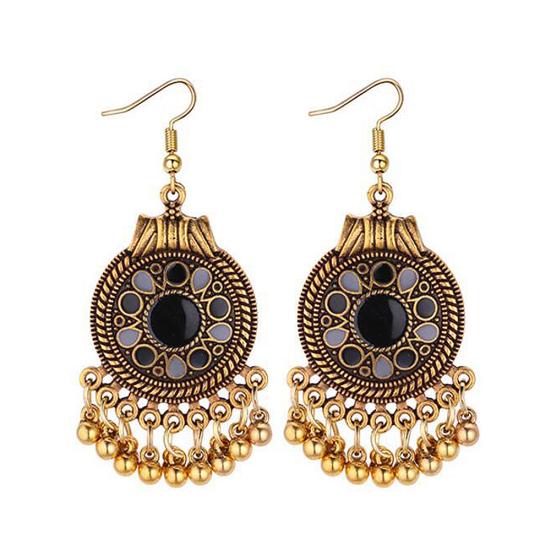Women Ethnic Tassel Disc Flower Bead Pendant Long Dangle Hook Earring Jewelry