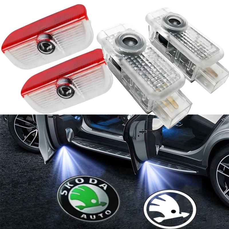 WMZW4 2PCS for Skoda VRS Fabia Octavia Roomster Superb Car Door Welcome Courtesy Logo Lights Ghost Projector Shadow Lamps Accessories
