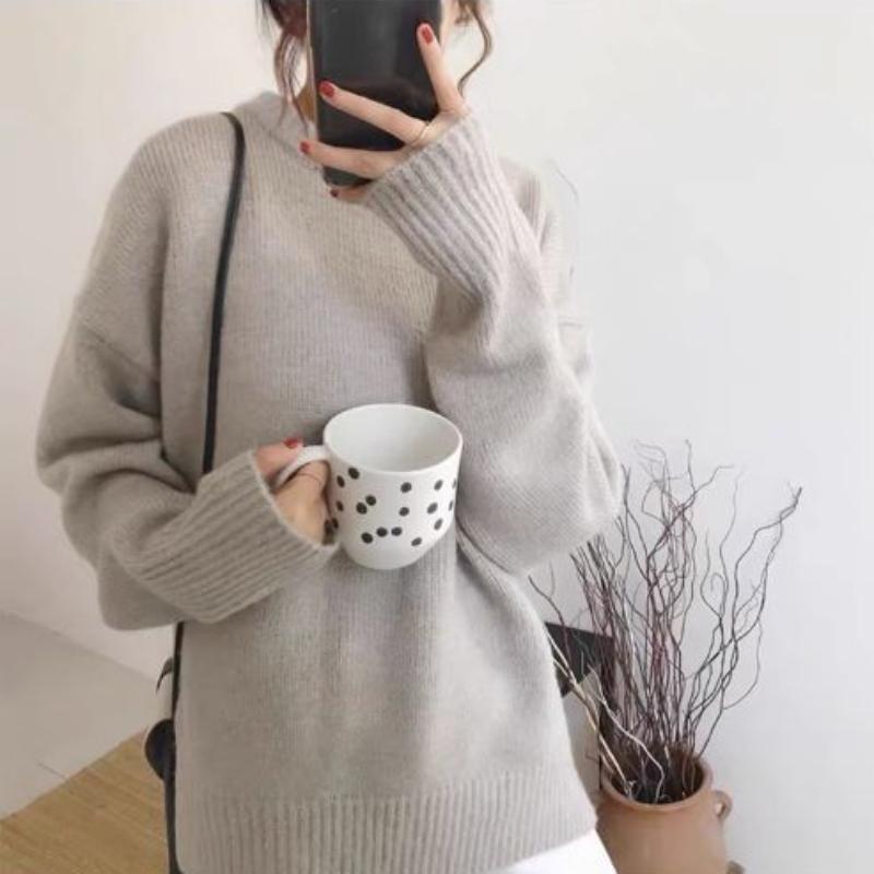Autumn Winter Simplicity Loose Solid Color Knitwear Women Vintage Office Lady Sweater All-match Casual Knitting Tops