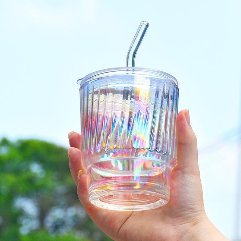 Colourful Coating Glass Cup Portable Household Iced Coffee Juice Drink Mug With Plastic Lid And Glass Straw