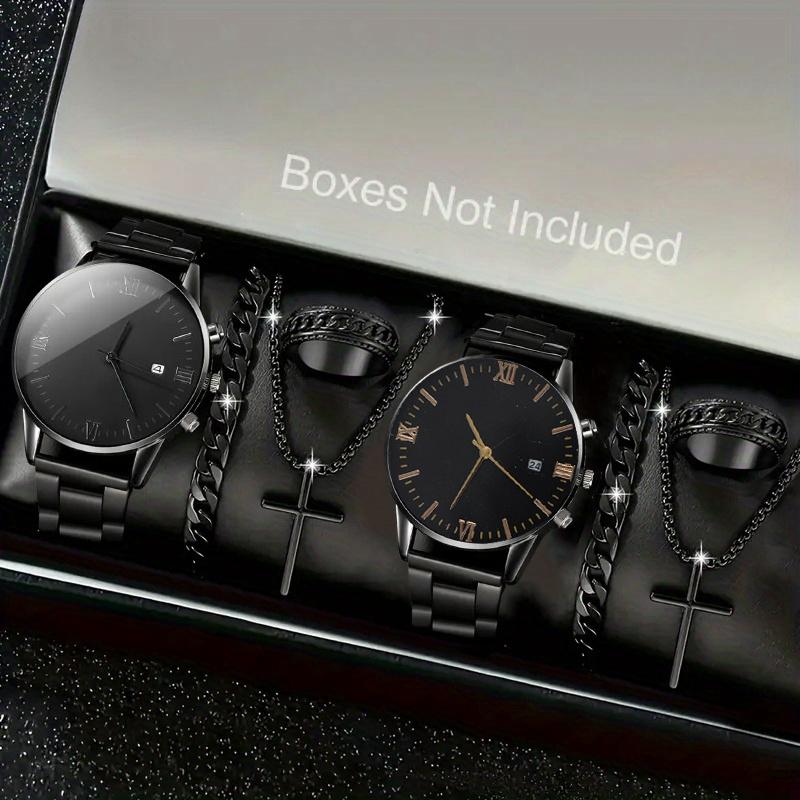 4pcs-Trendy Cross Hip Hop Jewelry Chain Ring Bracelet Necklace Three Piece Set+Casual Quartz Watch, Ring Bracelet Necklace Watch