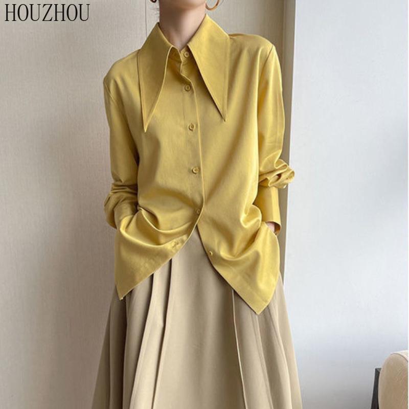 HOUZHOU Шикарная женская рубашка с острым воротником, корейская элегантная ретро-элегантная женская классическая блузка для поездок на работу