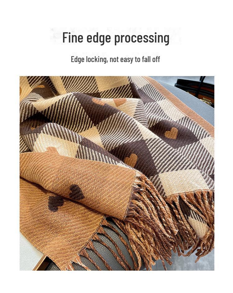 Женский клетчатый шарф из искусственного кашемира с украшением в виде сердца - толстый, с кисточками для тепла