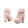 Pink Chunky High Heel Japanese Lolita Shoes Butterfly-knot Ruffle Tassel Womens Cosplay Princess Ankle Boots Winter