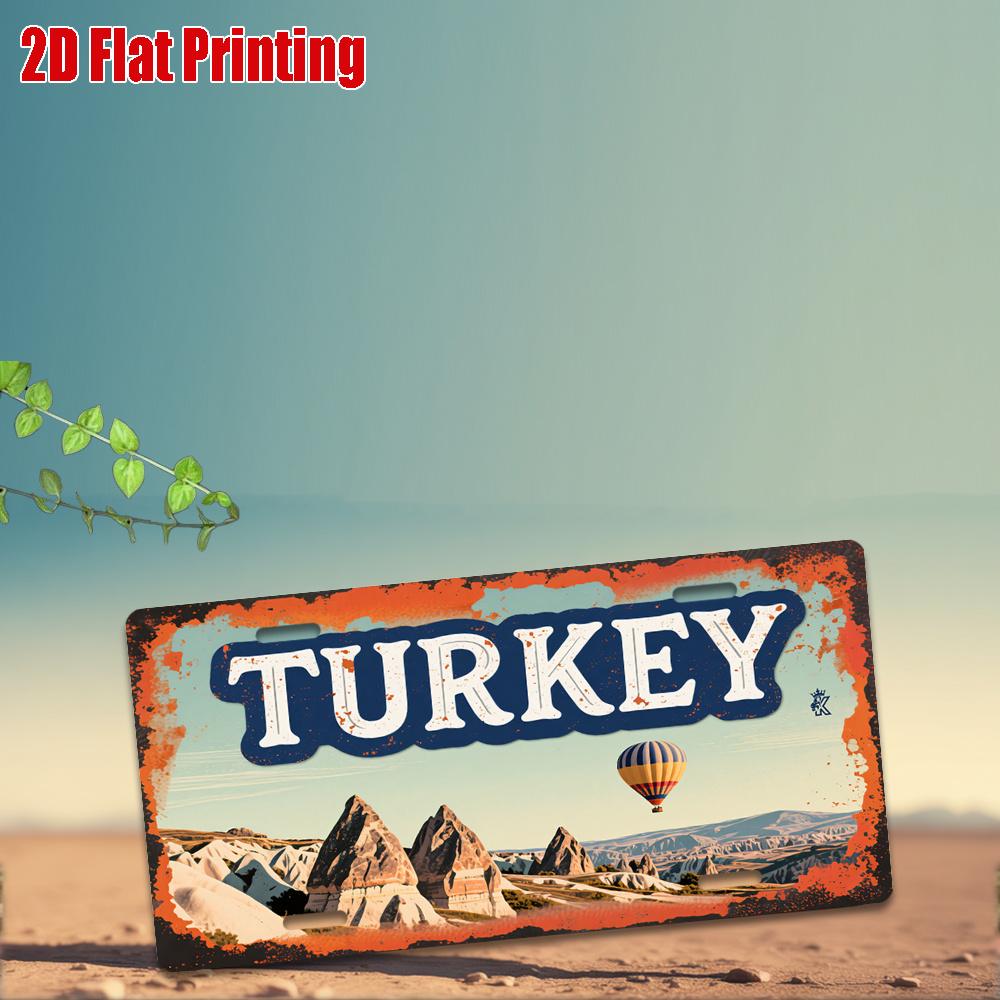 HD Aluminum Metal Sign, Turkey Cappadocia Vintage License Plate Style Wall Decor, Retro Hot Air Balloon Fairy Chimney Landscape