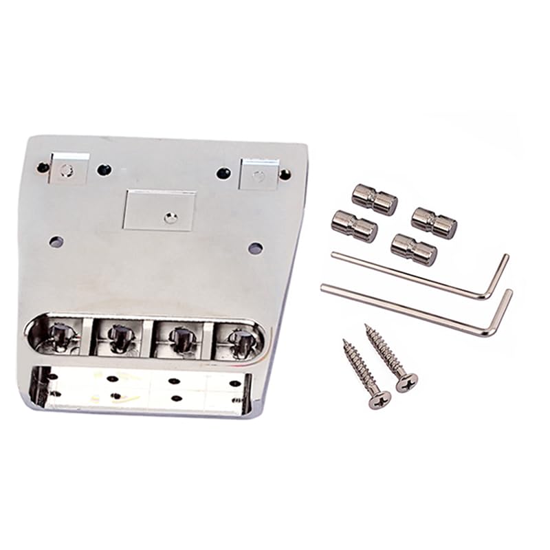 Ogdni Fixed Bass Guitar Bridge with Tool Hardtail Saddle Bridge for Bass Guitar Chrome 4-String Set, Parts,