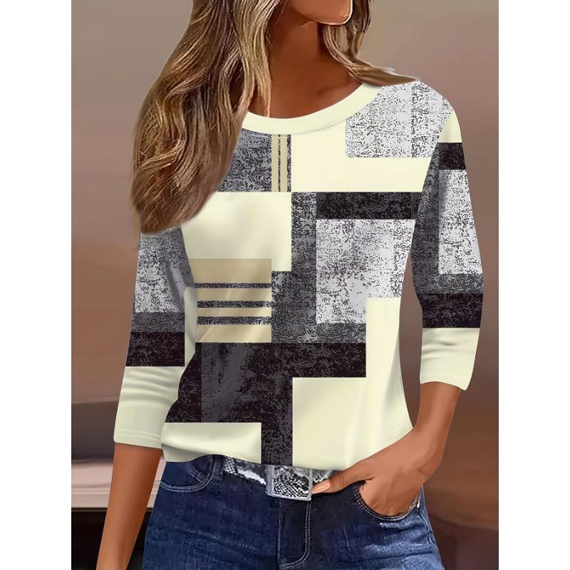 Women's 3D Printed Plaid Print T-shirt Fashion Long Sleeve Round Neck Regular Tops Holiday Weekend Spring and Autumn
