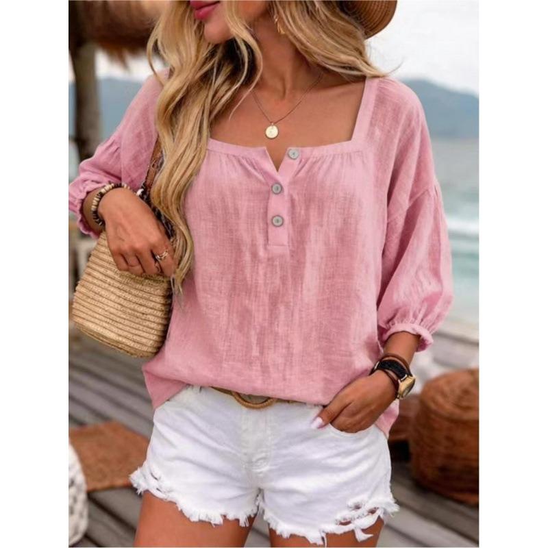 BITCED Women's Fashion Casual Solid Color Print Long Sleeve Square Collar Blouses & Shirts