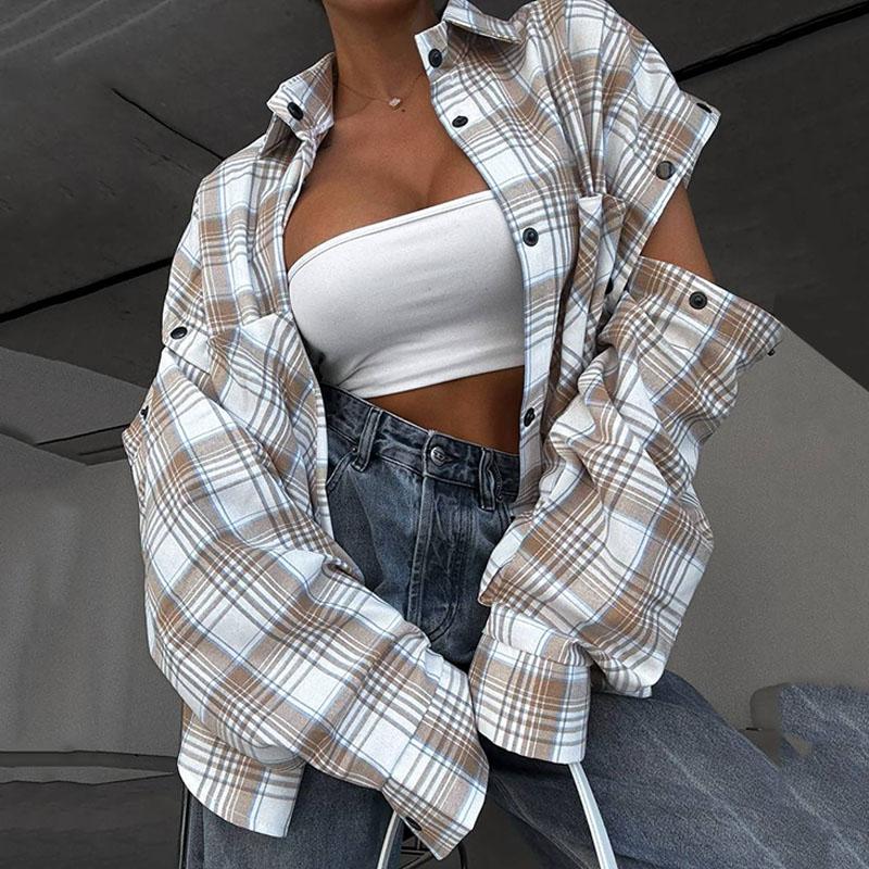 Новая модная клетчатая рубашка для женщин, осенняя блузка с длинными рукавами, женская блузка со съемными рукавами, классическая повседневная рубашка в стиле стритвеар.