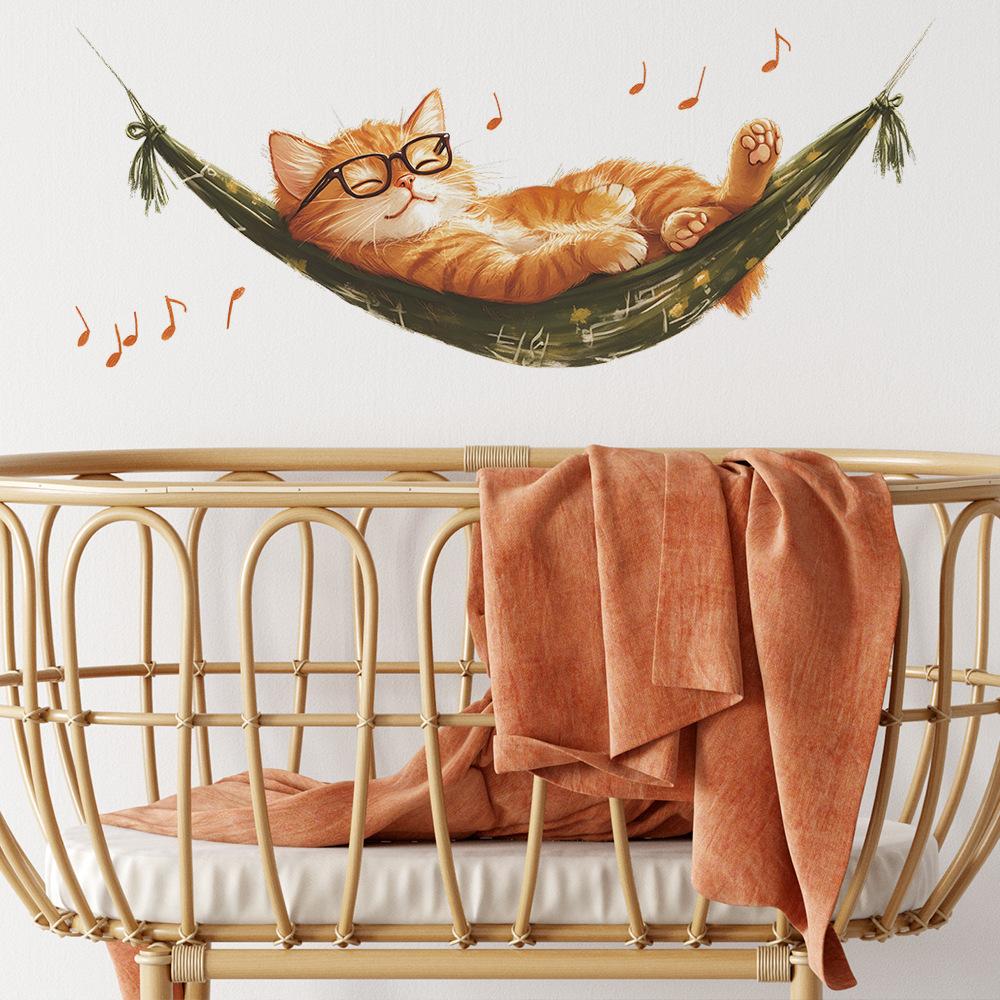 Креативная настенная наклейка для кошки на гамаке, самоклеящаяся, съемная, для спальни, гостиной, прихожей, фон, домашний декор