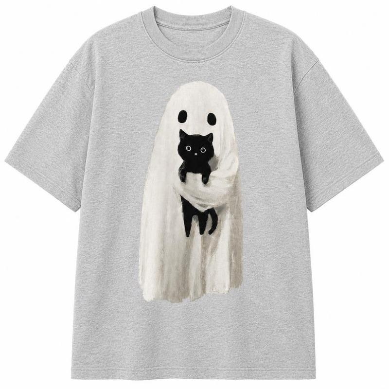 Ghost Holding Black Cat Halloween Shirt, Spooky Season Cotton T-shirt Streetwear Trendy Cotton Oversized Unisex Y2k Short Print Hip Hop