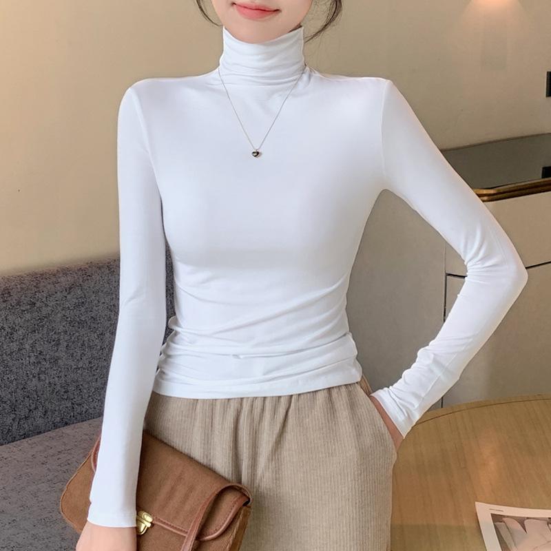 Женский черный модальный топ с длинным рукавом, облегающий, с высоким воротником, базовый слой для весны, осени, зимы 2024.