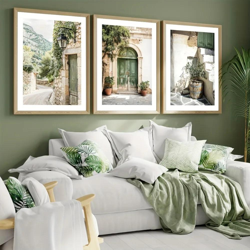 Frameless Bohemian Wall Art Green Bohemian Door Print Mallorcan Poster,Olive Tree Flower and Plant Theme Photography Decoration