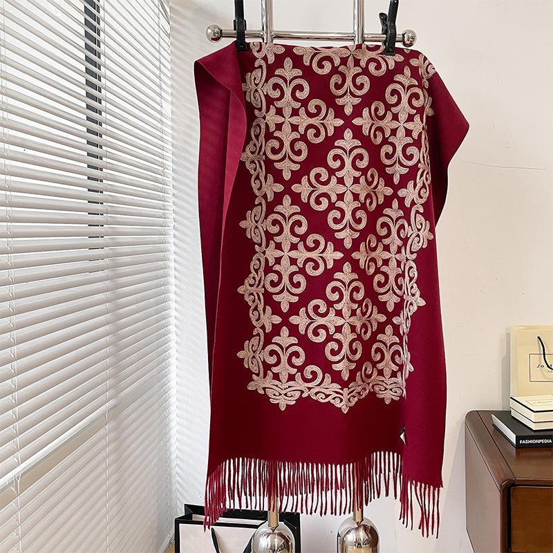 2024 Retro Ethnic Style Embroidered Imitation Cashmere Scarf - Warm & Versatile Fashion for Autumn/Winter