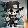 Skeleton Rose Pendant Car Rearview Mirror Ornament Acrylic 2D Bag Pendant Halloween Christmas Decoration Gift for Car Enthusiasts