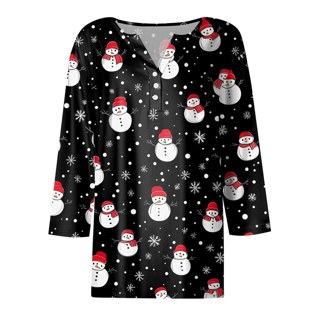 Женская футболка с рождественским принтом, на пуговицах, рукав 3/4, повседневная, выходного дня, модная, базовая, с V-образным вырезом, стандартный топ