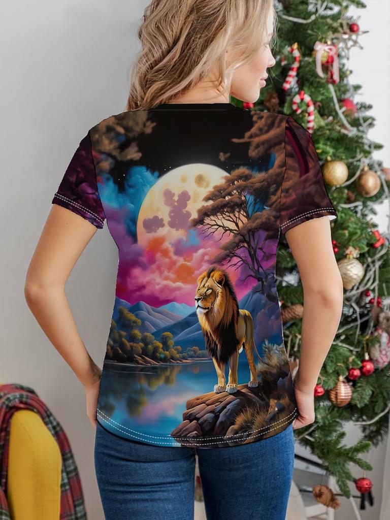 Women's Moon Lion Printed T-shirt, Round Neck Casual Short Sleeve Top, Spring/Summer Clothing
