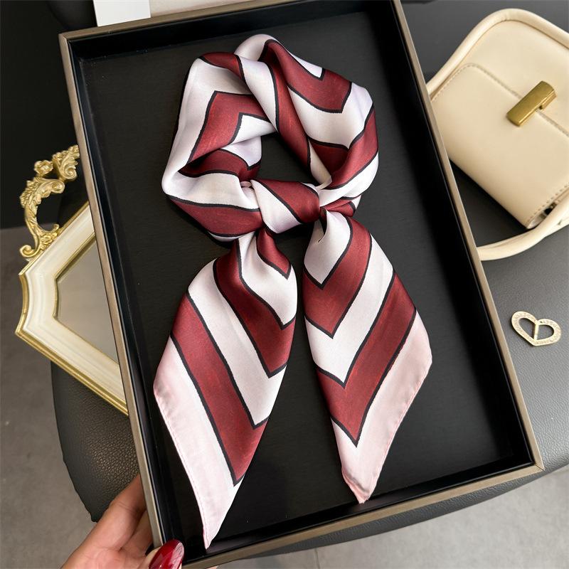 Luxury Stripe Print Women Silk Scarf Bandana Hair Bands Square Scarves Satin Smooth Summer Satin Hijab Wrap Headband Foulard