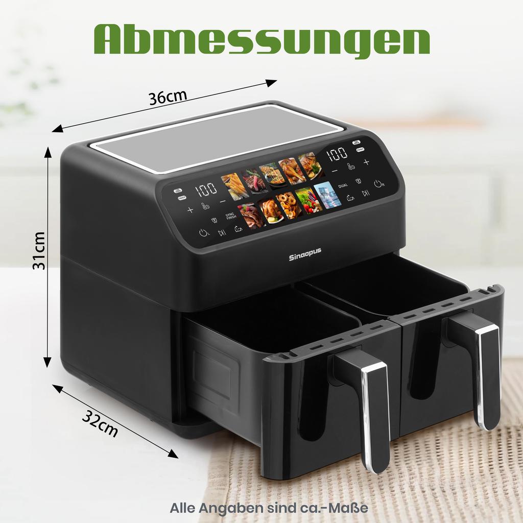 Air Fryer 9L XXL with Double Chamber, Fryer with LED Display, Adjustable Time and Temperature 80-200 degrees C for Easy Cooking