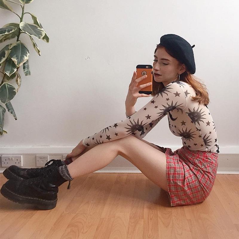 Прозрачная сетчатая сексуальная футболка с принтом Солнца и Луны, женская тонкая базовая повседневная футболка с круглым вырезом и длинным рукавом, новинка весны 2023 г.