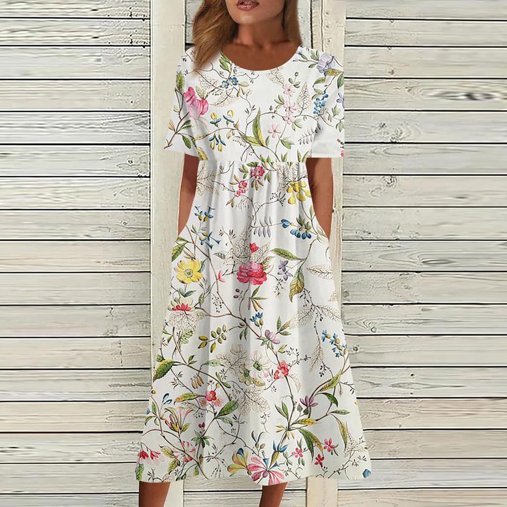 Жен. Повседневные платья Платья с принтами Летние платья С принтами Плиссированные платья-миди с круглым вырезом Классический Классический На открытом воздухе Повседневные С короткими рукавами Свободные платья