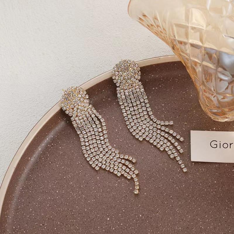 Элегантные геометрические серьги-кисточки в европейском и американском стиле с инкрустированными бриллиантами - Длинный, преувеличенный дизайн для визуально более стройного лица