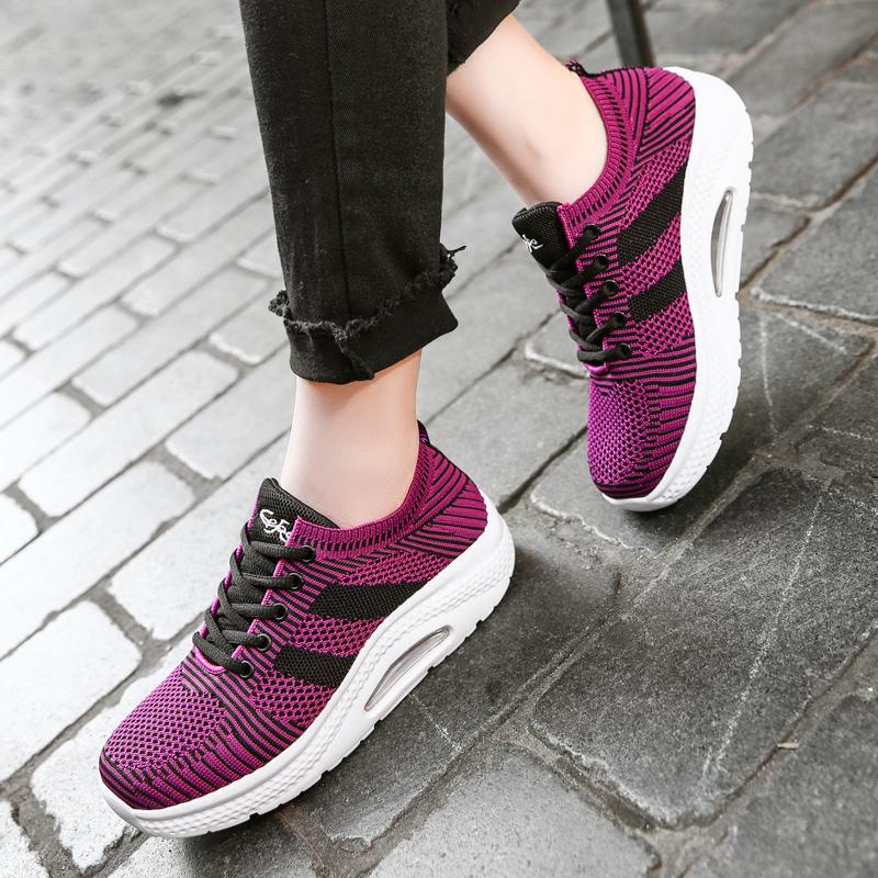 Women's Breathable Air Mesh Ankle Swing Shoes Lace Up Casual Sneakers Wedges Height Increase Platform Shoes for Female
