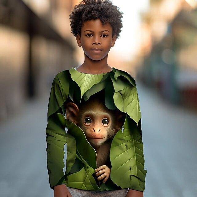 Футболки с круглым вырезом, 3D-принтом тигра и обезьяны, модные, повседневные, с длинным рукавом, для мальчиков