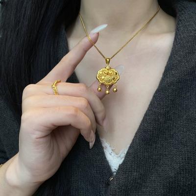 Ancient Gold Color Blessing Character Ruyi Lock Pendant Necklace Women's New Chinese Style Long Life Rich Safety Lock Sweater Chain Set Chain