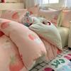 Cute Strawberry And Rabbit Duvet Cover Set Washed Cotton Linen Feel Super Soft Comfortable Chic 4Pcs Home Decor Bedding Set