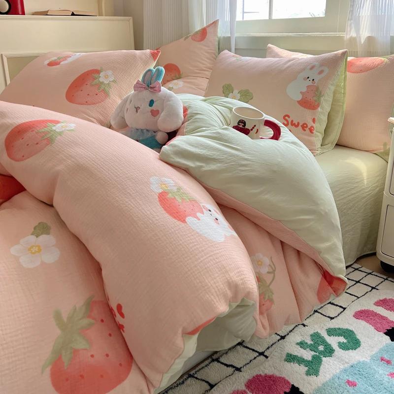 Cute Strawberry And Rabbit Duvet Cover Set Washed Cotton Linen Feel Super Soft Comfortable Chic 4Pcs Home Decor Bedding Set