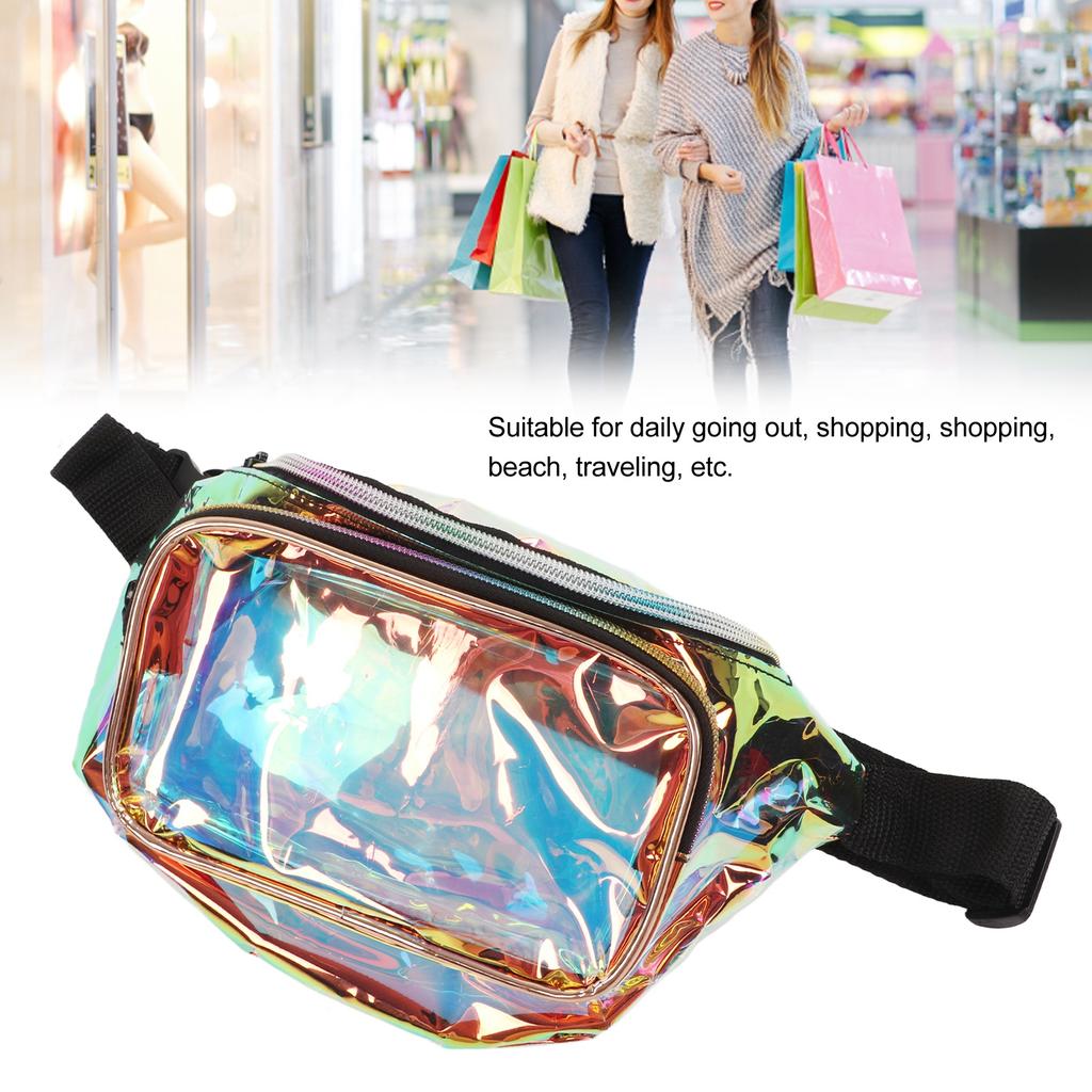 Transparent Iridescent Fanny Pack Shiny Waist Belt Bag with Zipper Waterproof PVC for Travel Party Running Hiking