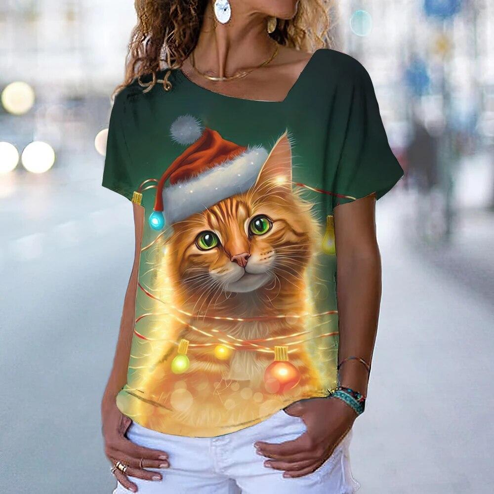 Fashion Cat T-Shirt Women's V Neck Tees Top Vintage Red Christmas Clothes Summer Chic Oversized Femele Clothing 2023 New Tee