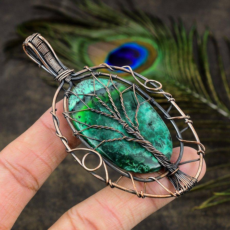 Green Dendritic Gemstone Copper Wire Wrap Jewelry Pendant 3.55"