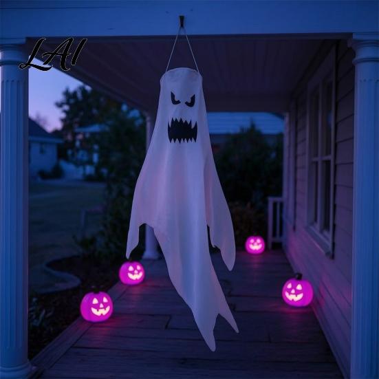 Halloween Garden Atmosphere Lights 47 Inch Hanging Ghost Windsock with LED Lights Luminous Flying Ghosts Front Door Decor Flag Wind Socks for