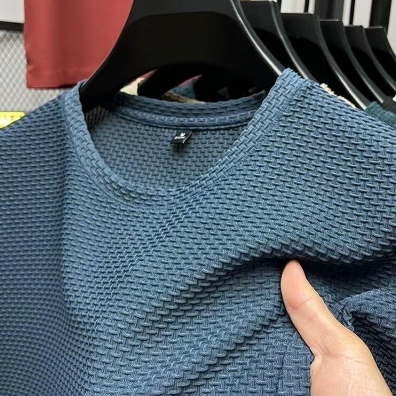 Мужская летняя сетчатая футболка с коротким рукавом из ледяного шелка с бамбуковой текстурой, модная футболка с круглым вырезом, полурукав, лето 2025