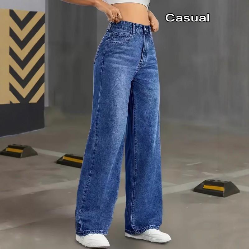 Womens Relaxed Straight Leg Denim Jeans Mid-Rise Comfort Fit Casual Trousers Daily Wear