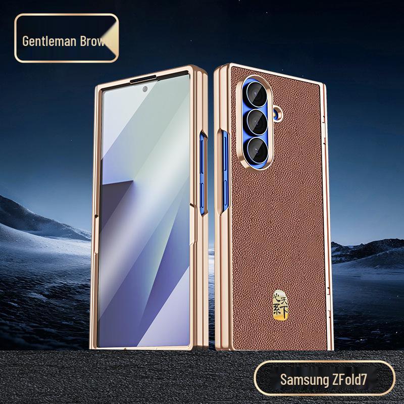 Оригинальный кожаный магнитный чехол для телефона Samsung Z Fold7/6 - Гальванизированный защитный корпус с узором "Личи" и встроенной пленкой.