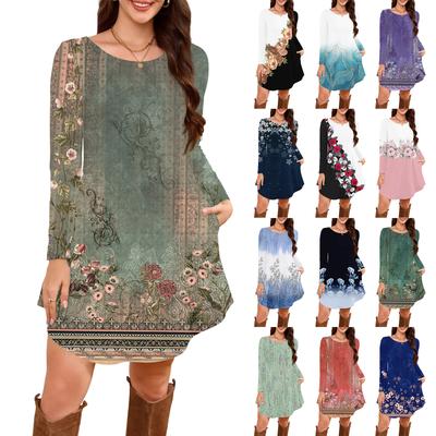 Женское платье-футболка с длинным рукавом, круглым вырезом, длиной до колена, свободного кроя, повседневное и с карманами