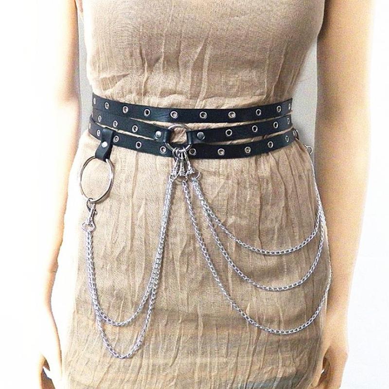Multi-Layer Faux Leather Belt Metal Chain Waist Belt Punk Gothic Body Jewelry