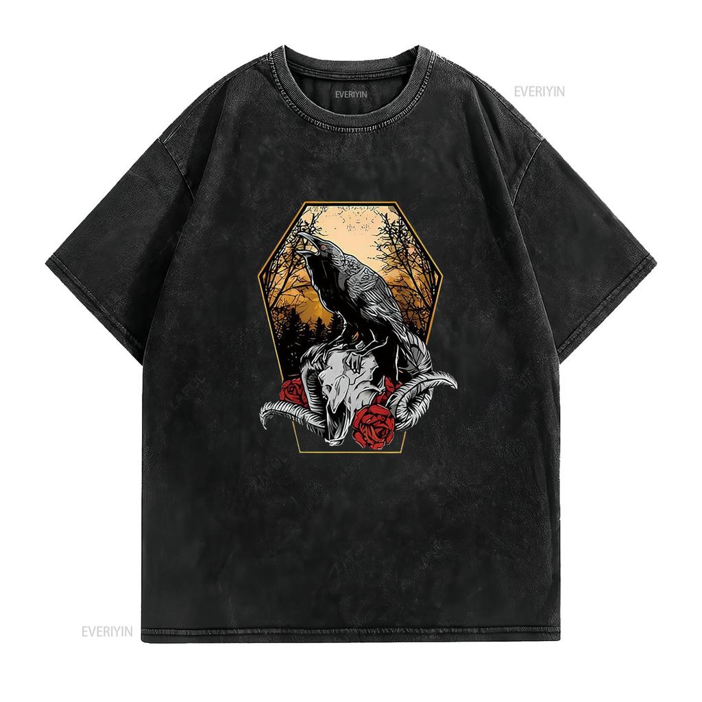 NEVERMORE American Retro Womens Classic T Shirt Black vintage Washed Breathable Casual Unisex fashion Top For Everyday Wear