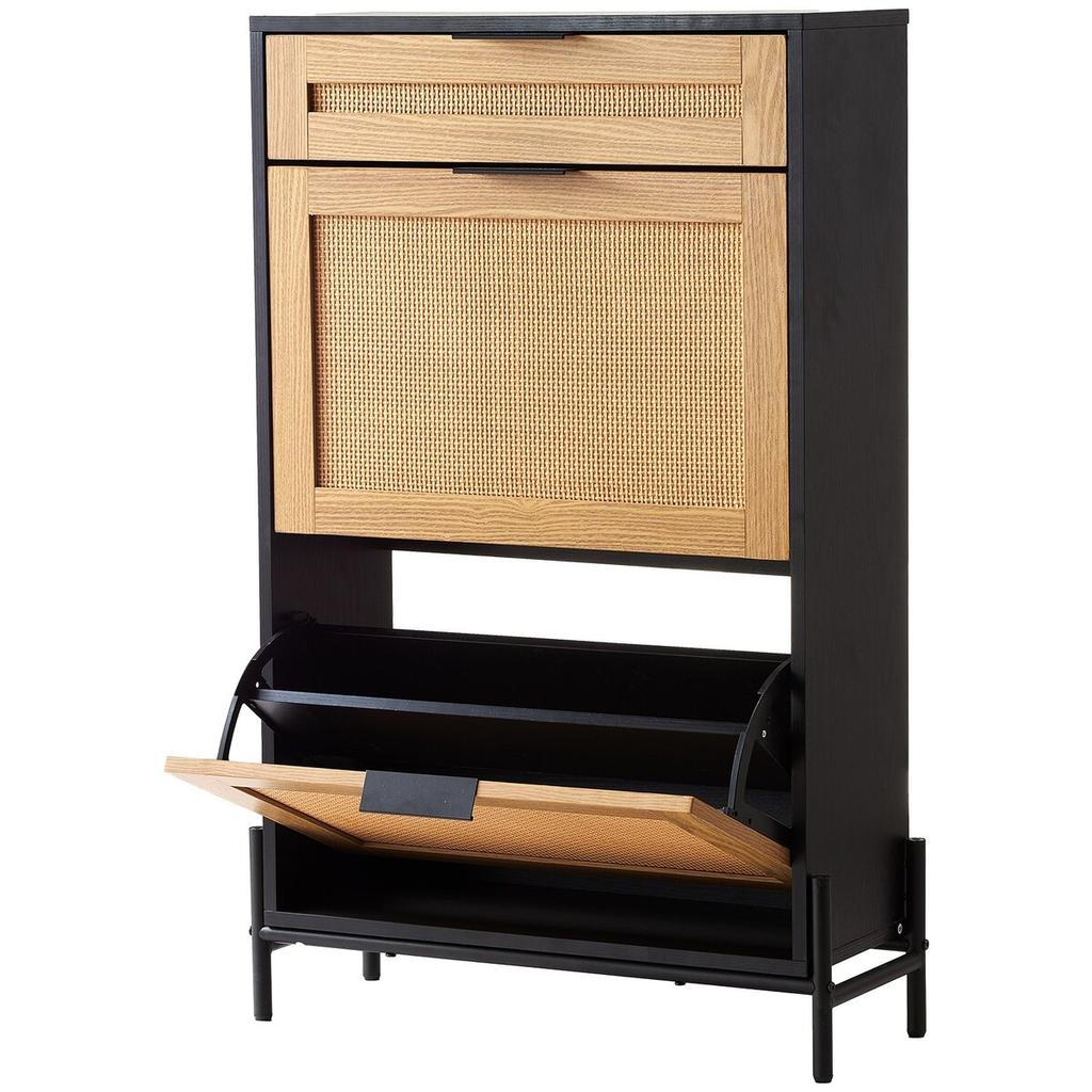 Rattan Shoe Cabinet Shoe Organizer 2 Flip Drawers & 1 Slide Drawer Black