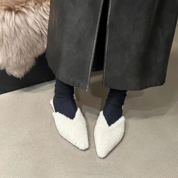 2024 Spring Woman Fur Mules Slippers Fashion Slides Shoes Ladies Elegant Outdoor Street Style Low Heel Footwear