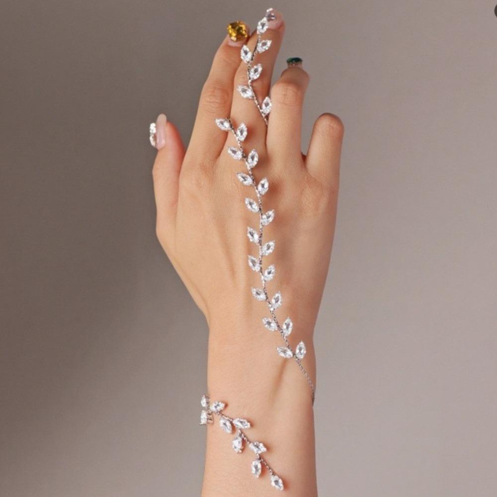 Simple Elegant Fashionable Luxury Bracelet Rhinestones Adjustable Leaf Cubic Zircon Hand Palm Bracelet Hand Piece Jewelry