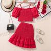 Комплект одежды для девочек, летний детский топ с одной линией плеча, короткими рукавами, юбка с оборками на ягодицах, два комплекта