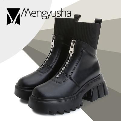 Модные сапоги для верховой езды с застежкой-молнией спереди, женские вязаные носки, женские зимние плюшевые сапоги на платформе, толстые высокие каблуки, большие размеры 34-43