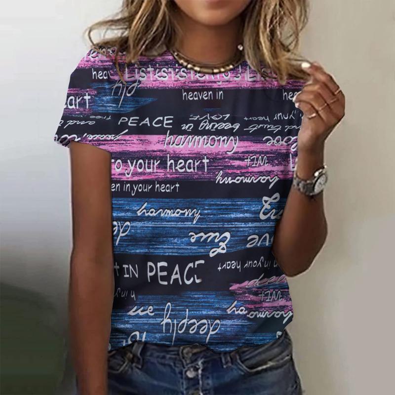 Футболка с круглым вырезом и принтом в полоску с буквами, летние женские футболки с короткими рукавами 2025 года, новый повседневный свободный пуловер для женщин, одежда 2020 года