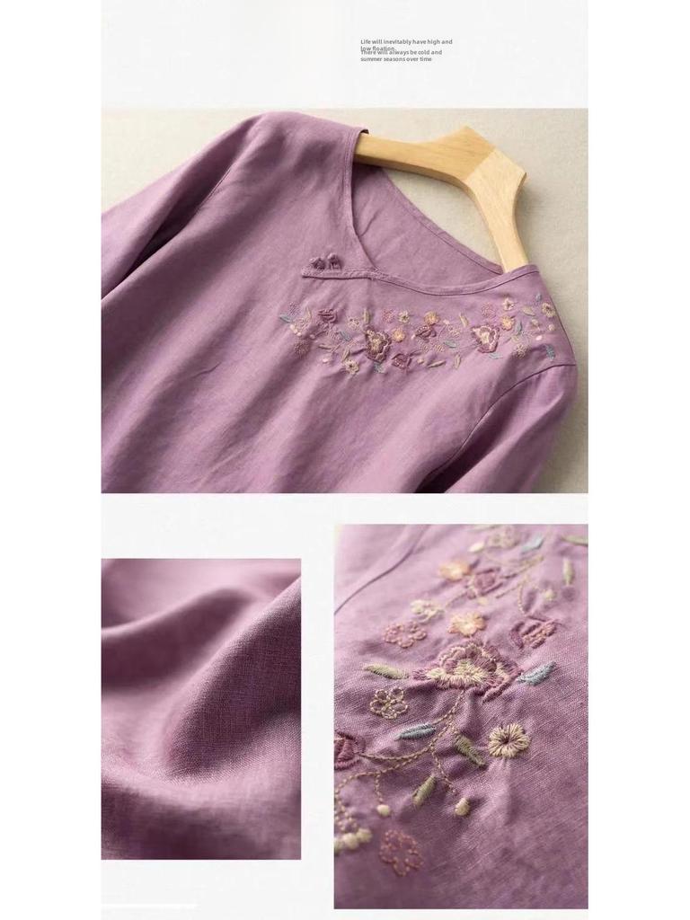 Осень 2024 г. Женская вышитая футболка из хлопка и льна: Свободный крой, прикрывающий живот, узкий круглый вырез, рукава три четверти.