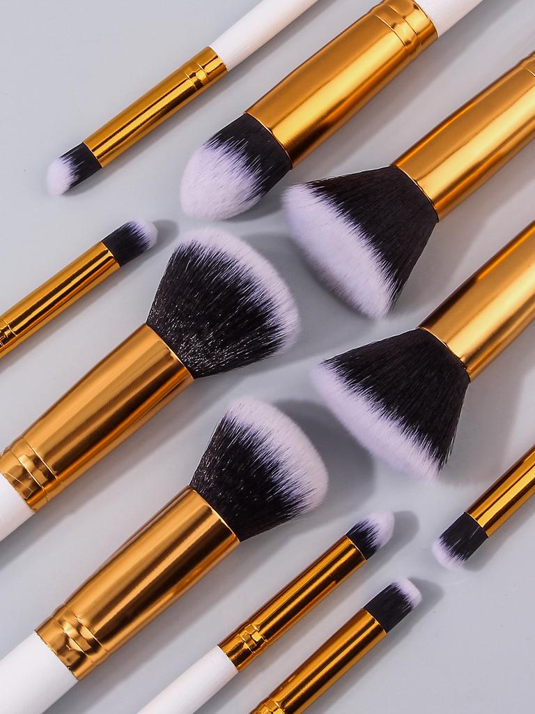 Beginner's 10-piece Makeup Brush Set, 2 Triangular Sponge Powder Puffs, Golden Storage Bucket, Portable Full Set of Beauty Tools