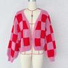 Autumn and Winter New Casual Loose Checkered Contrasting Coarse Needle Cardigan Cute Knitted Sweater Jacket for Women